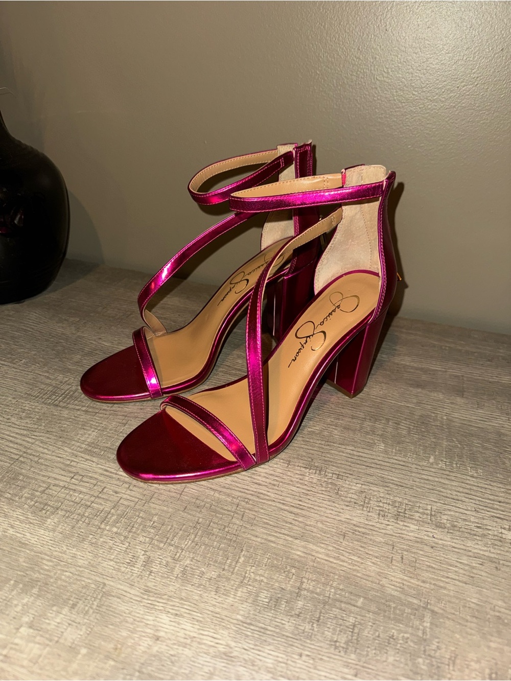 Jessica Simpson Metallic Magenta Strappy Block Heel Sandals